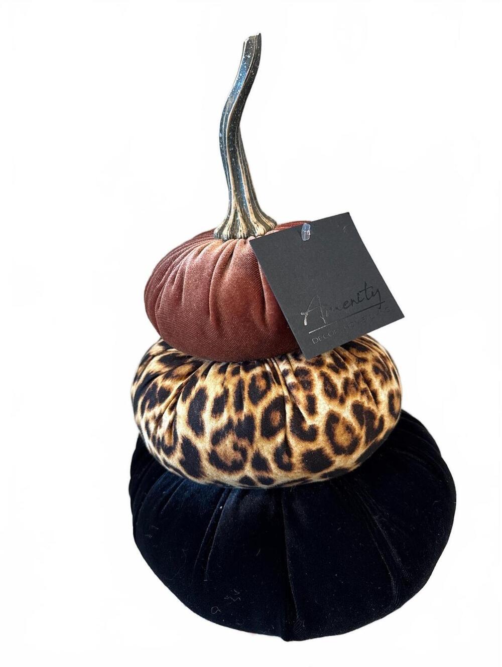 Amenity Decorative Stacked Velvet Pumpkins with Leopard Print Accent